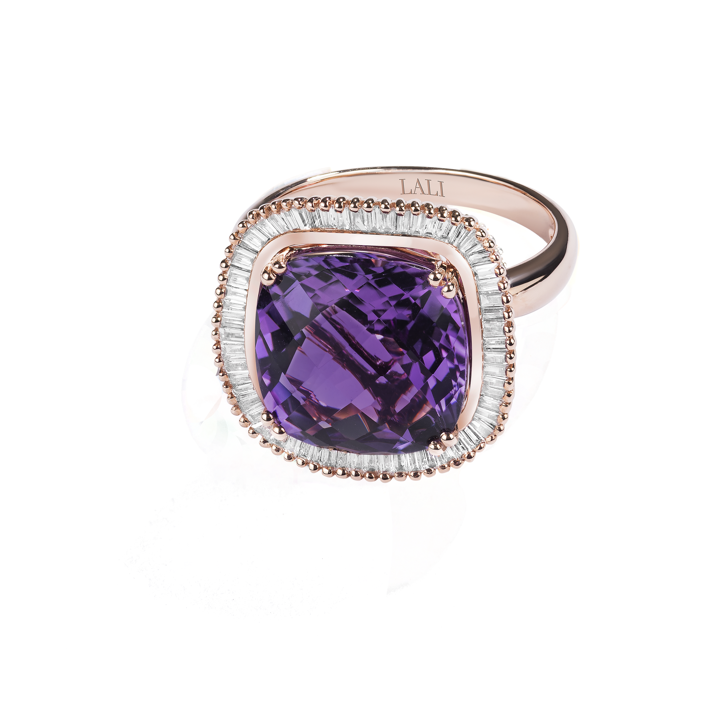 14KRG 6.10CT CUSHION AMETHYST & 60 TAPERED BAGUETTE DIAMONDS 0.50CT HALO RING 14KRG 6.10CT CUSHION AMETHYST & 60 TAPERED BAGUETTE DIAMONDS 0.50CT HALO RING
