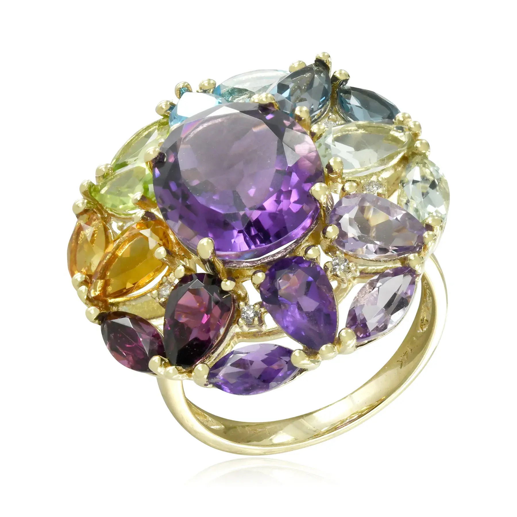 14KYG 12x10 OVAL AMETHYST -- 8 BR DIAMONDS 0.06CT -- 4 AMETHYST, 2 GARNET, 2 CITRINE, 2 PERIDOT, 4 BLUE TOPAZ & 2 GREEN QUARTZ FASHION RING -- TOTAL GEMSTONE WEIGHT: 11.10CT