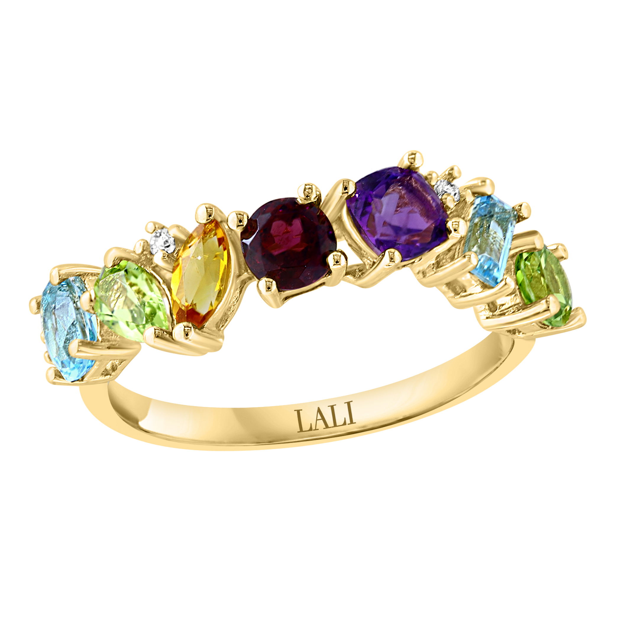 14KYG 3 BR DIAMONDS 0.03CT & SKY BLUE TOPAZ - PERIDOT - CITRINE - GARNET - AMETHYST FASHION BAND -- TOTAL GEMSTONE WEIGHT: 1.81CT