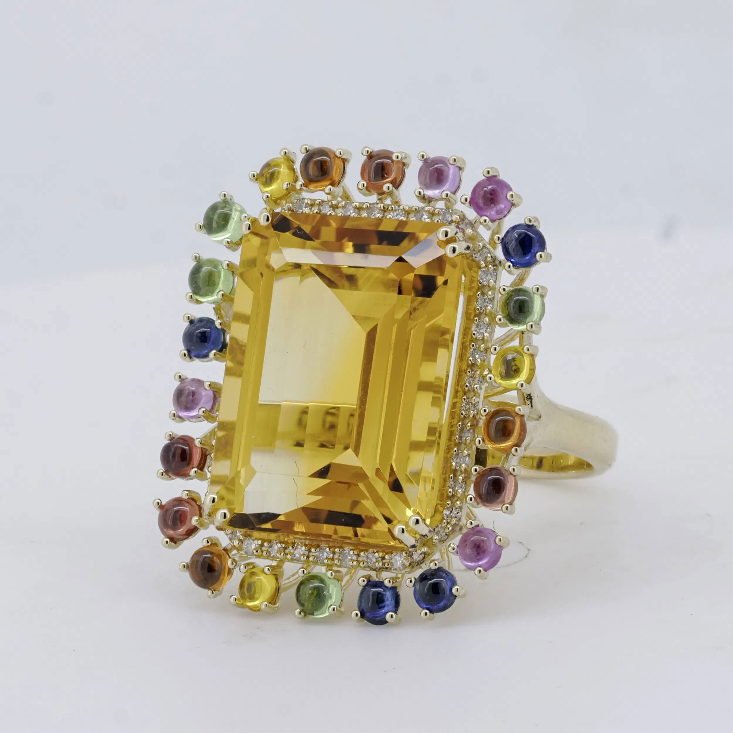 14KYG 18x13MM EC CITRINE -- 42 BR DIAMONDS 0.21CT -- TSAVORITE GARNET & MULTI-COLOR SAPPHIRE HALO RING -- TOTAL GEMSTONE WEIGHT: 18.15CT ***LIMITED EDITION***