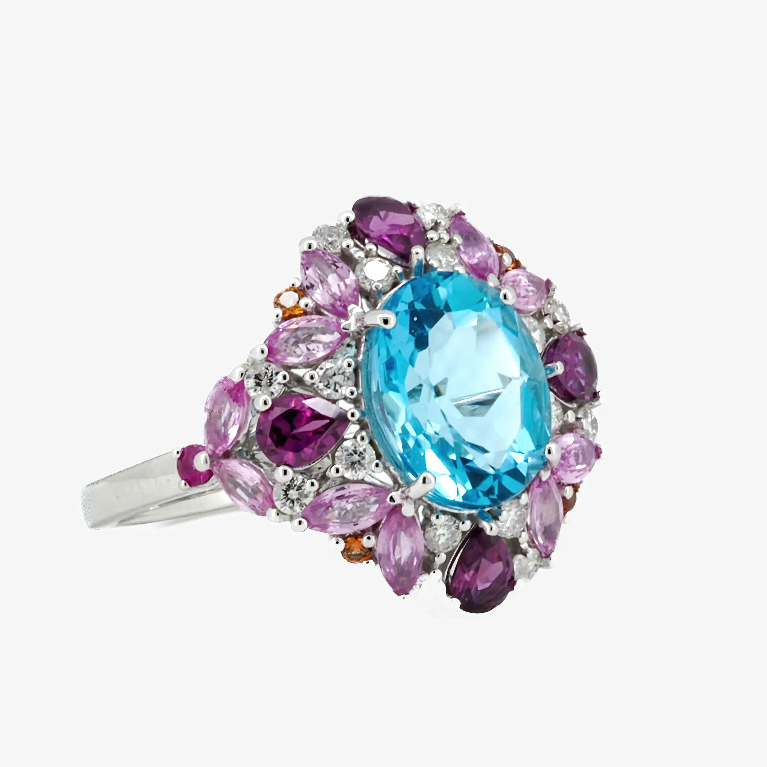 14KWG 8x10 OVAL BLUE TOPAZ --16 BR DIAMONDS 0.33CT -- PINK & ORANGE SAPPHIRE -- RHODOLITE GARNET HALO FASHION RING -- TOTAL GEMSTONE WEIGHT: 5.65CT