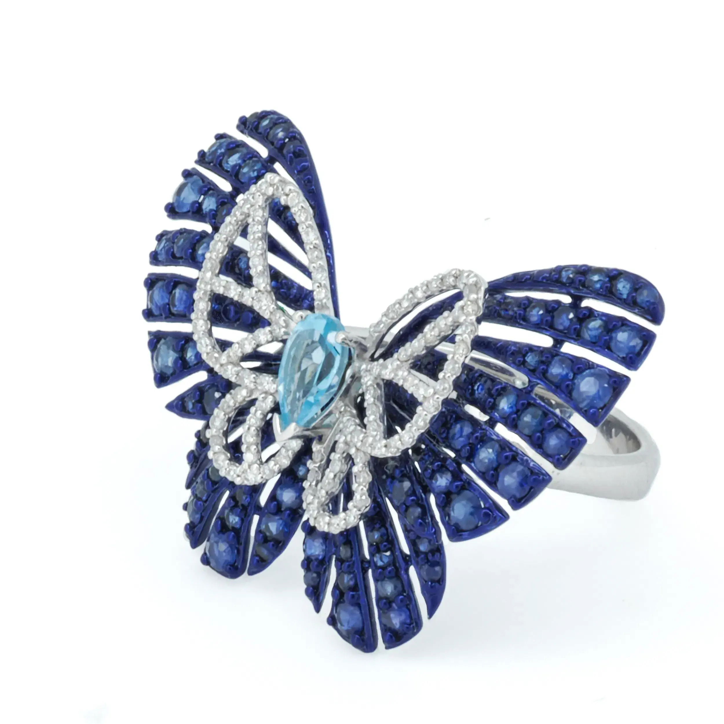14KWG 6X4 PEAR SWISS BLUE TOPAZ -- 100 BR DIAMONDS 0.24CT -- SAPPHIRE BUTTERFLY RING -- TOTAL GEMSTONE WEIGHT: 1.74CT ***LIMITED EDITION*** 14KWG 6X4 PEAR SWISS BLUE TOPAZ -- 100 BR DIAMONDS 0.24CT -- SAPPHIRE BUTTERFLY RING -- TOTAL GEMSTONE WEIGHT: 1.74CT ***LIMITED EDITION***