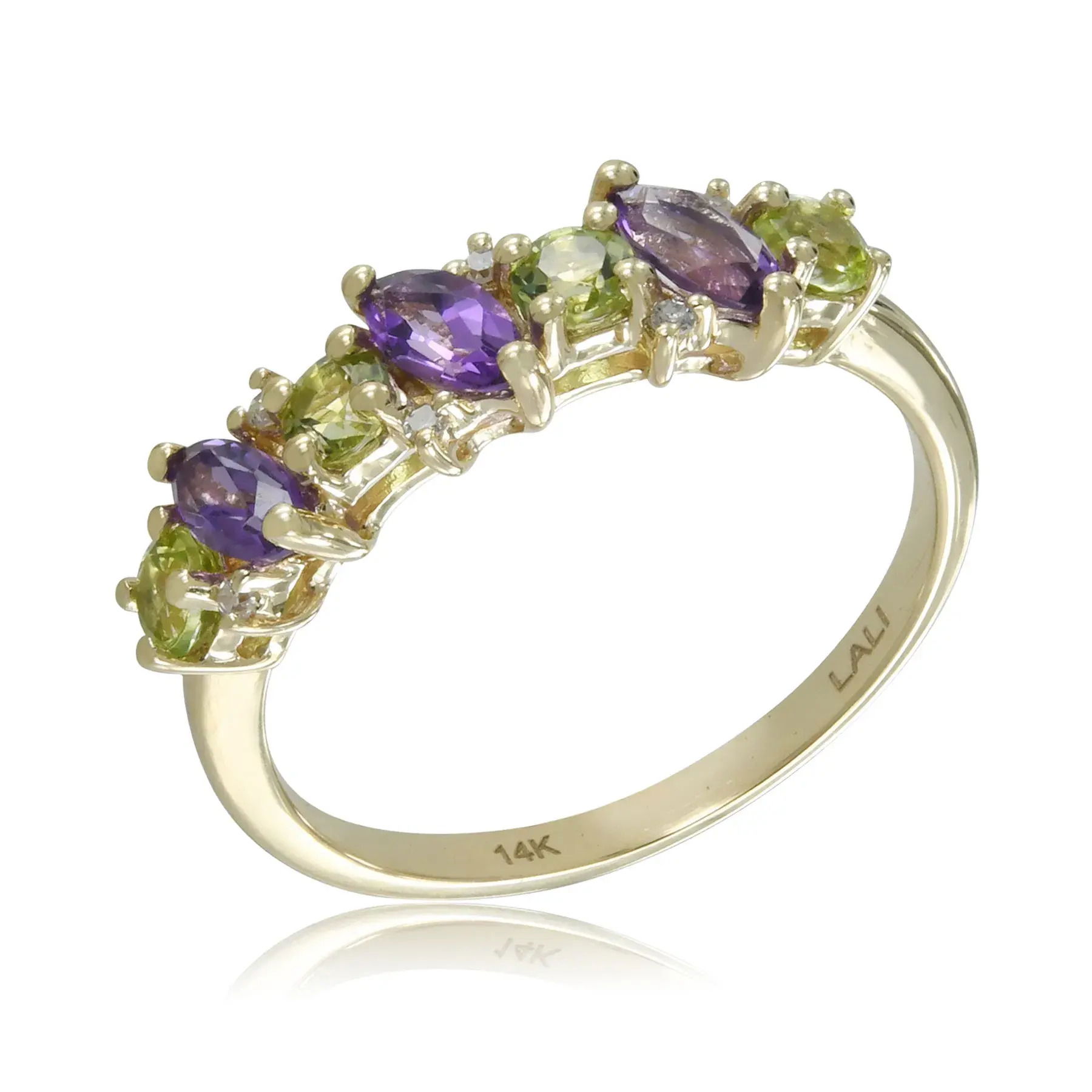 14KY 6 SC DIAMONDS 0.03CT -- 3 AMETHYST & 4 PERIDOT 1.06CTW PRONG SET FASHION BAND