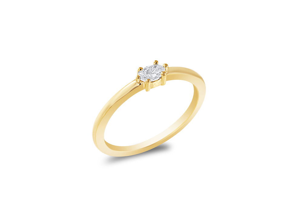 Elevate your everyday style or mark a special occasion with this elegant 14K yellow gold stackable solitaire ring. Featuring a sparkling 0.15 carat oval-cut diamond at its center, this ring beautifully balances minimalism and sophistication. The classic solitaire design allows the brilliant center stone to take the spotlight, making it perfect as a unique engagement ring or a charming addition to your favorite ring stack. Crafted with attention to detail and timeless appeal, this diamond ring is a radiant symbol of love and refined taste. 14KYG 0.15CT OVAL DIAMOND STACKABLE SOLITAIRE RING