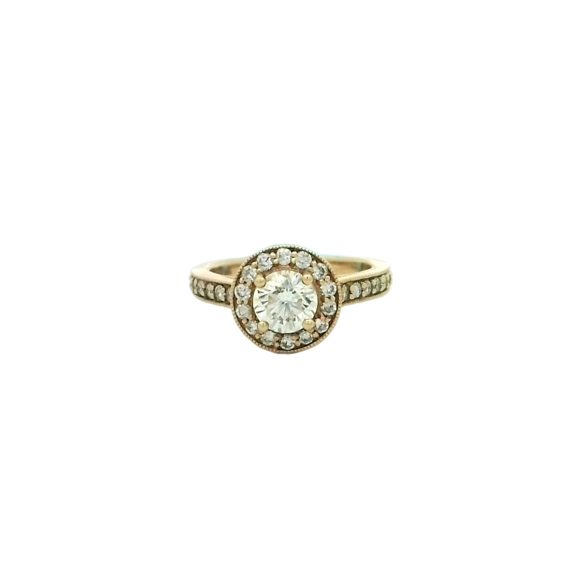 Celebrate forever with this exquisite 14K Yellow Gold Diamond Engagement Ring, expertly crafted to capture every cherished moment. The dazzling 0.82 carat round brilliant-cut center diamond (J color, SI2 clarity, HPHT enhanced) radiates timeless beauty, framed by a sparkling halo of 36 additional round diamonds totaling 0.61 carats. Elegant milgrain detailing along the halo and band adds vintage-inspired charm, while the warm glow of 14K yellow gold enhances the ring’s luxurious appeal. A symbol of enduring love, this ring is a perfect choice to mark your next chapter together. 14K YG 0.82CT J/SI2 BR DIA(HPHT) & 36 BR DIA'S 0.61CTW ROUND HALO W/ MILGRAIN ENG RING