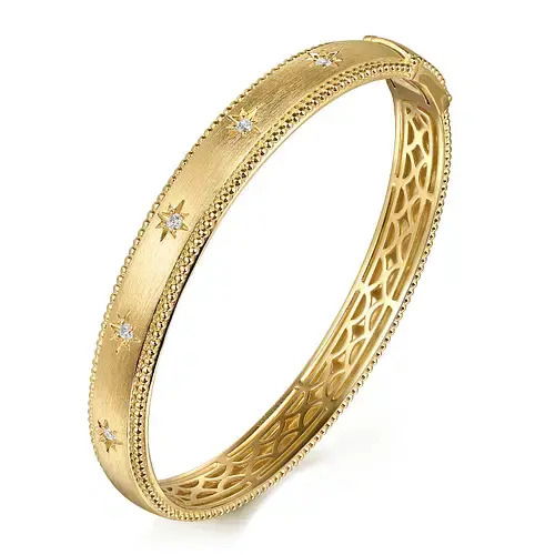 14K YG 5 BR DIA'S 0.14CTW SATIN FINISH BEADED EDGE BANGLE W/ LOCKING CLASP-6.25"
