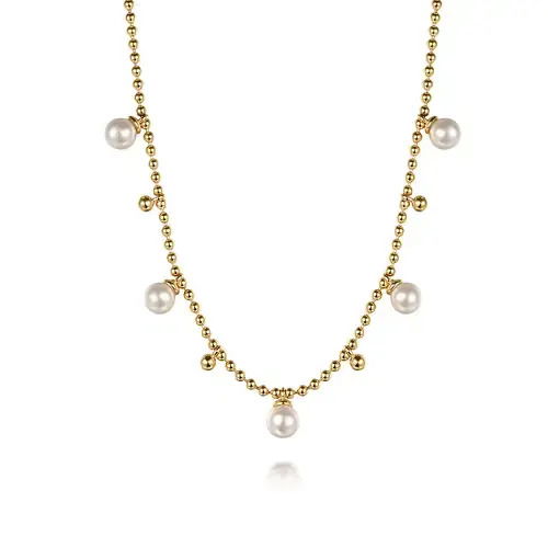 14K YG BUJUKAN BEADS AND PEARL DROPLET NECKLACE- 16"
