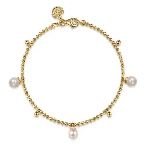 14K YG BUJUKAN BEADS AND PEARL DROPLET BRACELET- 7"