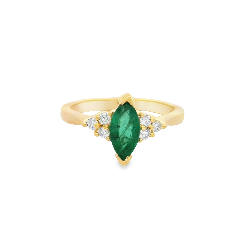14KRG 0.70CT MQ EMERALD & 6 BR DIAMONDS 0.15CT CLASSIC "3-STONE" INSPIRED RING 14KRG 0.70CT MQ EMERALD & 6 BR DIAMONDS 0.15CT CLASSIC "3-STONE" INSPIRED RING