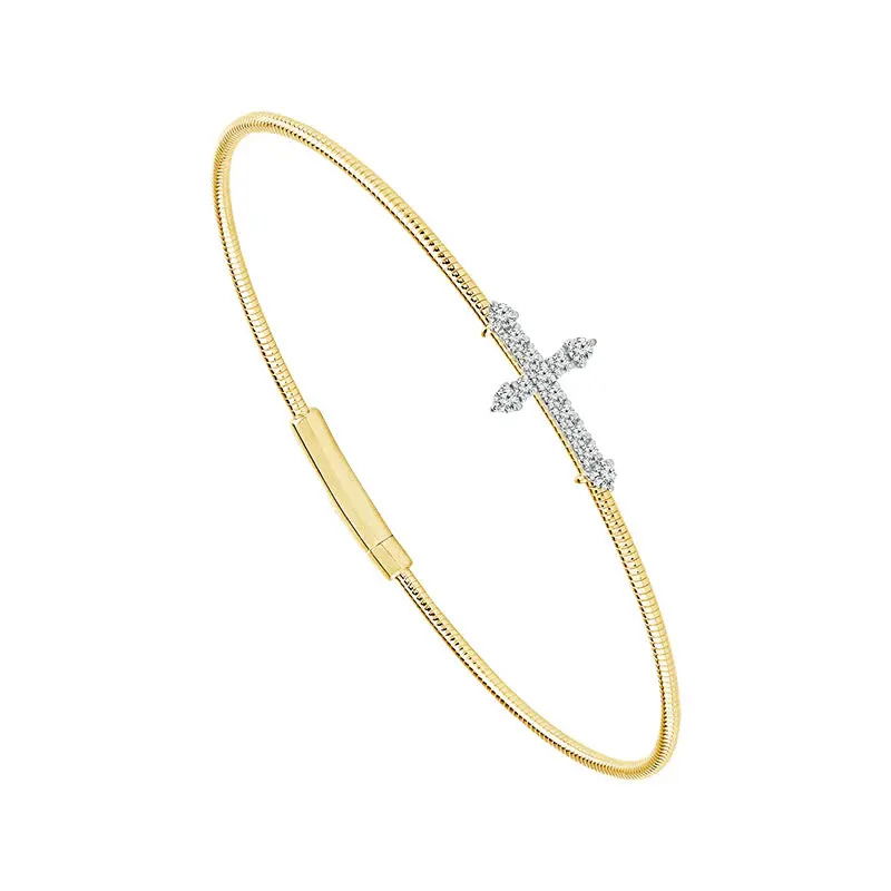 14KYG/TITANIUM WIRE 13 DIA'S 0.20CTW CROSS CHARM FLEXI BANGLE BRACELET 14KYG/TITANIUM WIRE 13 DIA'S 0.20CTW CROSS CHARM FLEXI BANGLE BRACELET