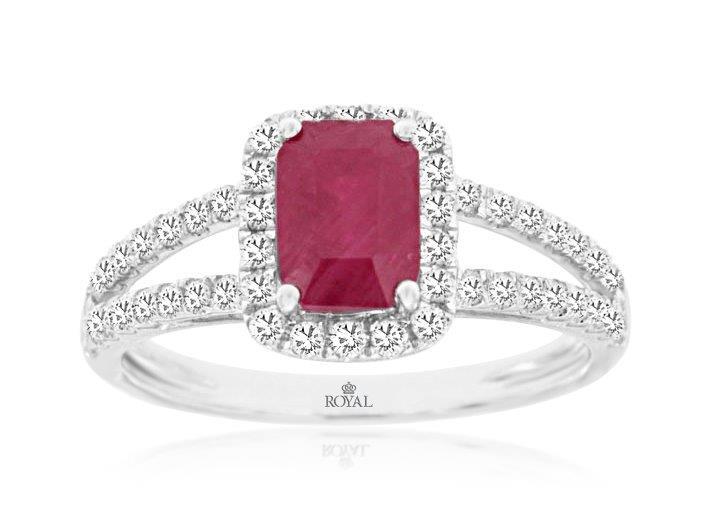 14KWG 1.10CT RUBY & 50 DIA'S 0.45CTW SPLIT-SHANK HALO FASHION RING