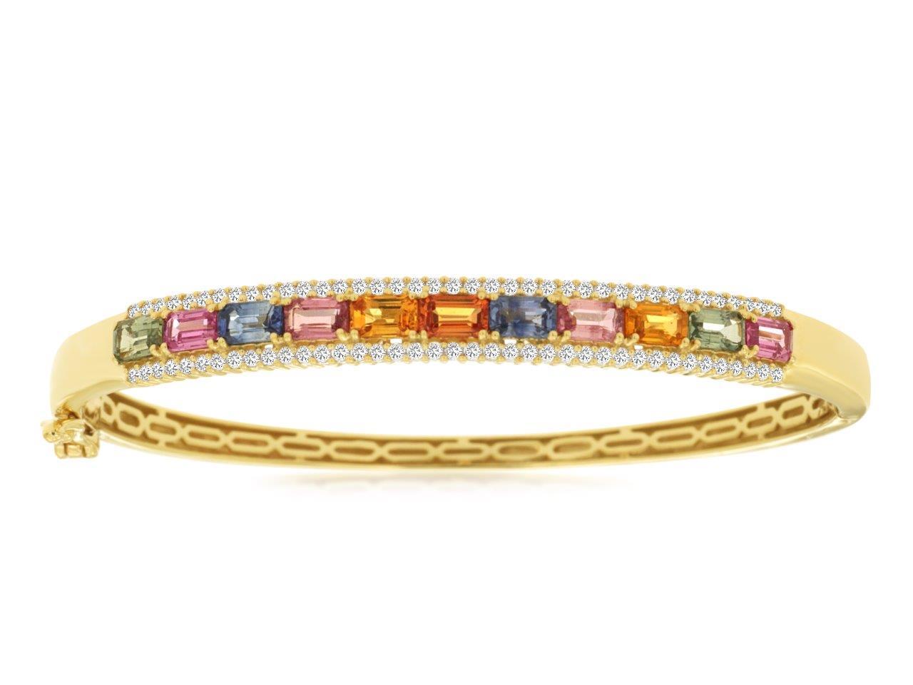 14KYG 9 MULTI-COLOR SAPPHIRES 4.00CTW & 78 DIA'S 0.78CTW LOCKING BANGLE BRACELET