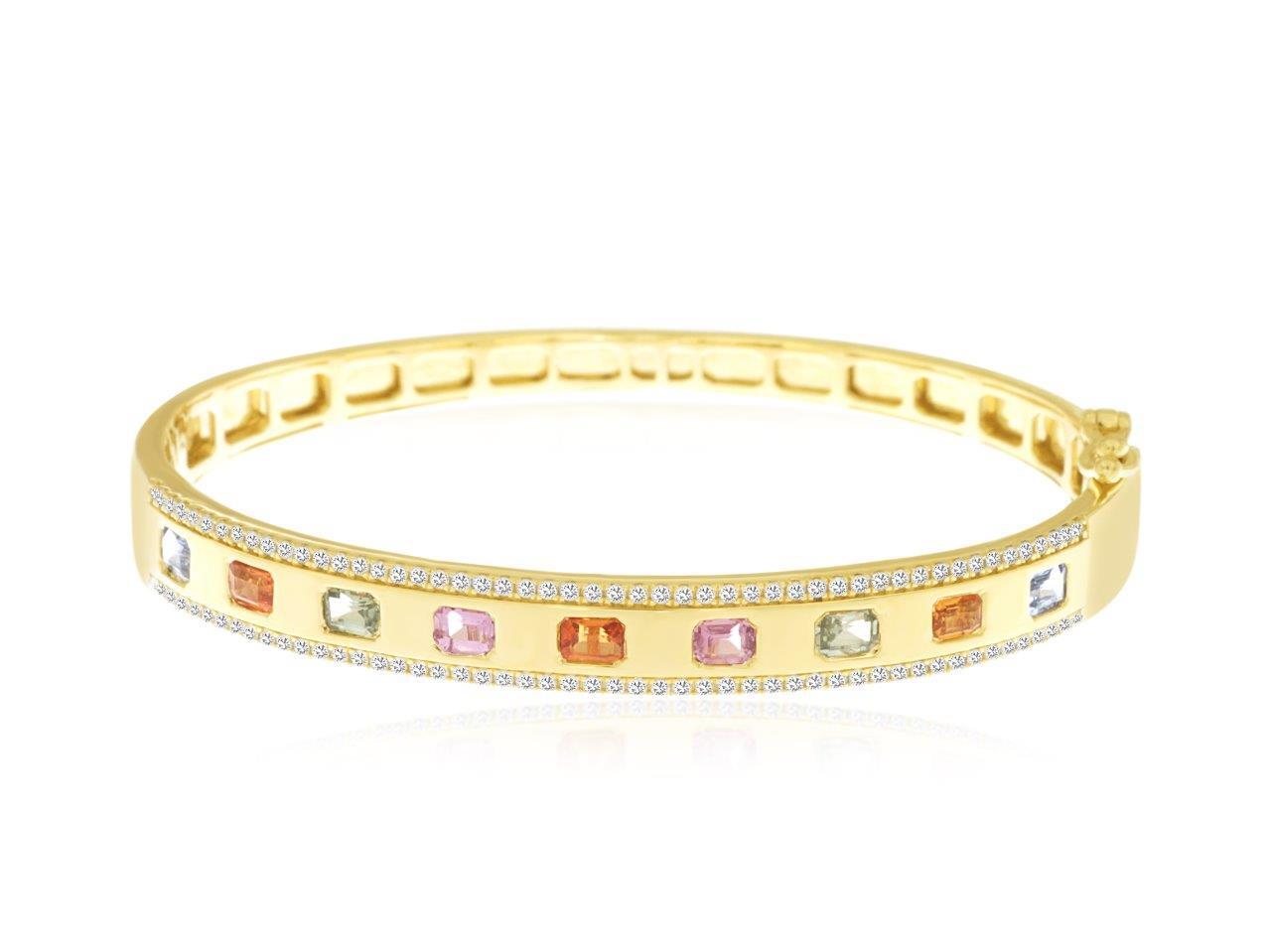 14KYG 9 MULTI-COLOR SAPH'S 2.30CTW & 102 DIA'S 0.65CTW LOCKING BANGLE BRACELET