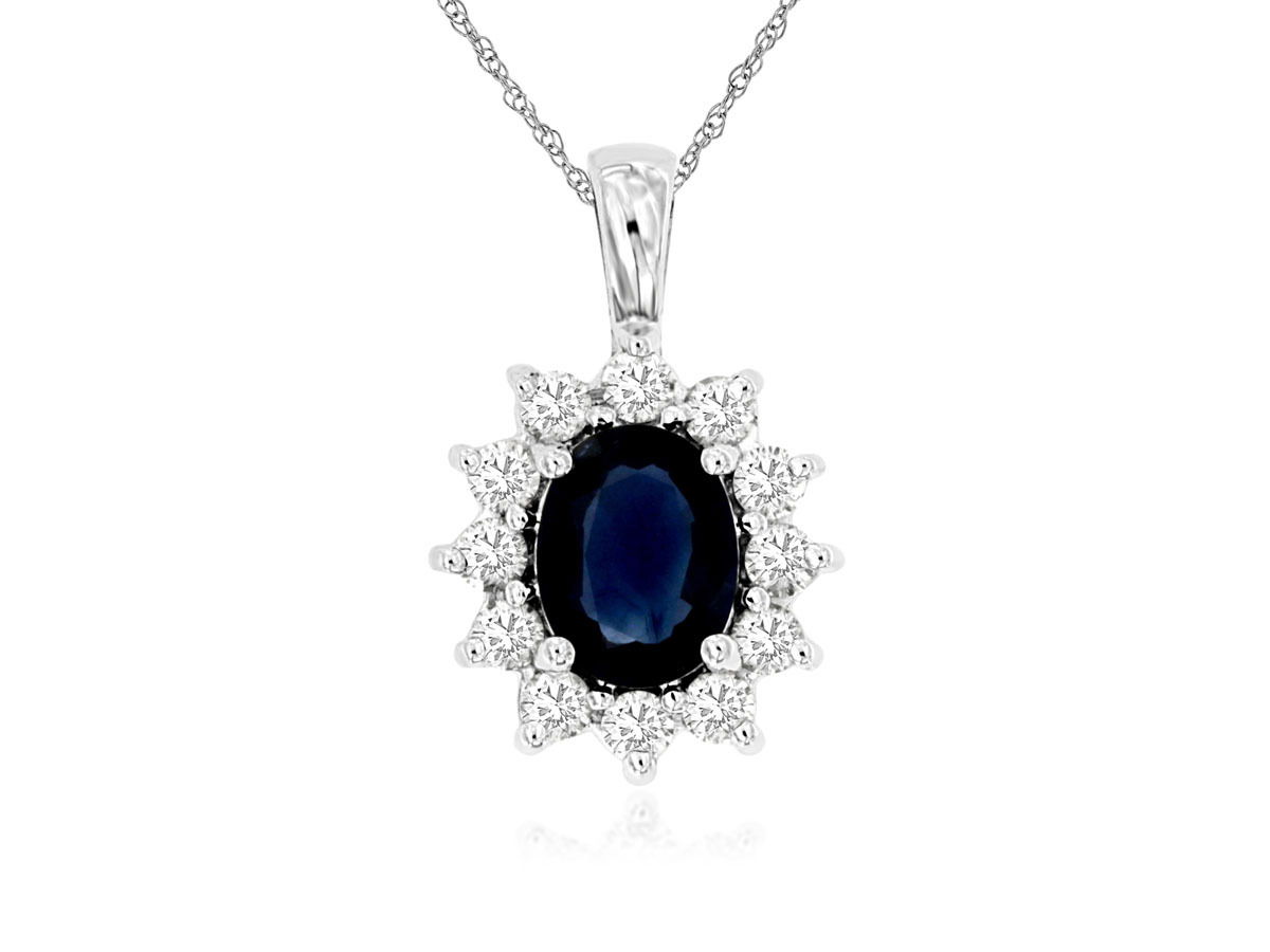 14KWG 1.40CT SAPPHIRE & 12 DIA'S 0.63CTW HALO FASHION PENDANT W/ 18" CHAIN 14KWG 1.40CT SAPPHIRE & 12 DIA'S 0.63CTW HALO FASHION PENDANT W/ 18" CHAIN