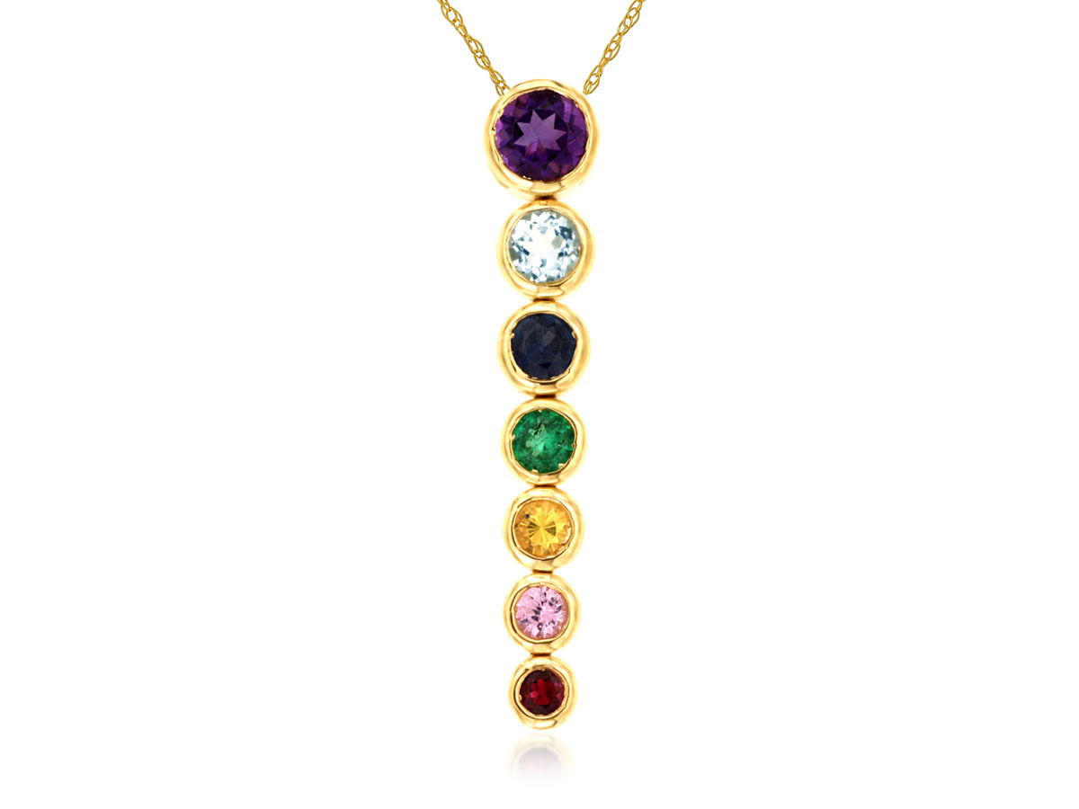 14KYG 7 MULTI-COLOR SAPH'S 0.55CTW BEZEL SET FASHION DROP PENDANT W/ 18" CHAIN