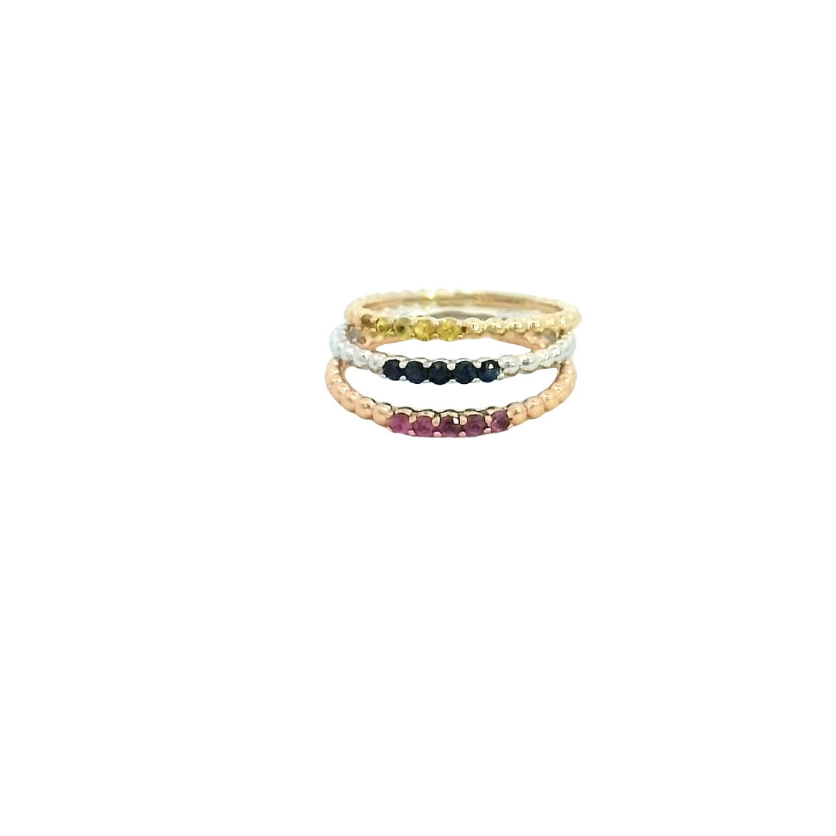 14K RG/YG/WG 3 RING SET W/ 5 PK SAPHS 5 YLW SAPHS & 5 BLUE SAPHS 0.51CTW 14K RG/YG/WG 3 RING SET W/ 5 PK SAPHS 5 YLW SAPHS & 5 BLUE SAPHS 0.51CTW