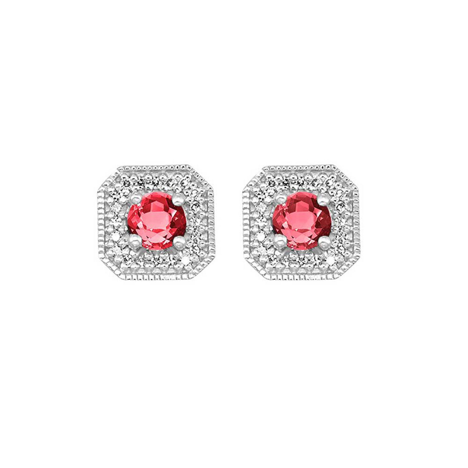 10KWG 2 CREATED RUBY 0.75CT & 44 BR DIAMONDS 0.10CT "JULY" BIRTHSTONE HALO STUD EARRINGS