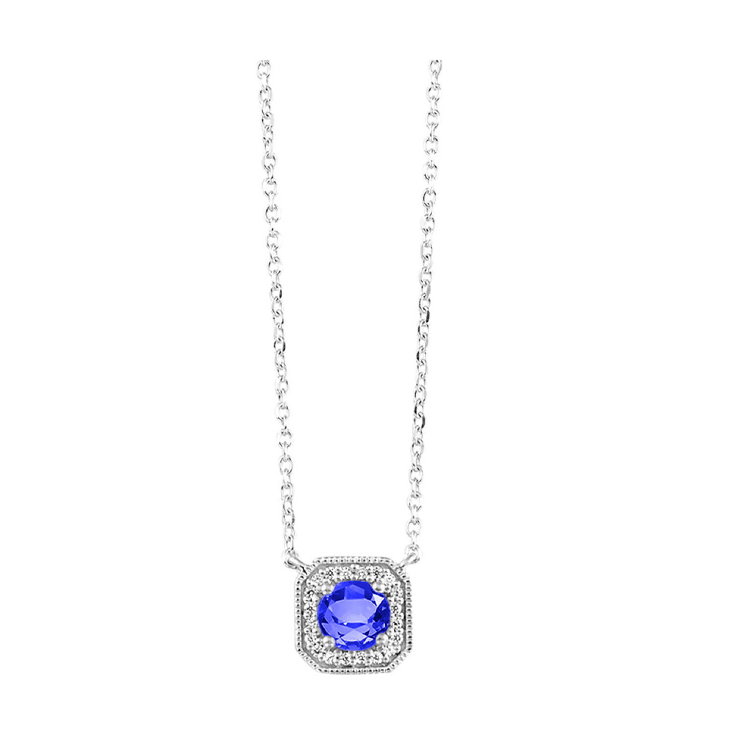 10KWG 0.50CT CREATED SAPH & 24 BR DIAS 0.05CT "SEPTEMBER" 18" BIRTHSTONE HALO NECKLACE