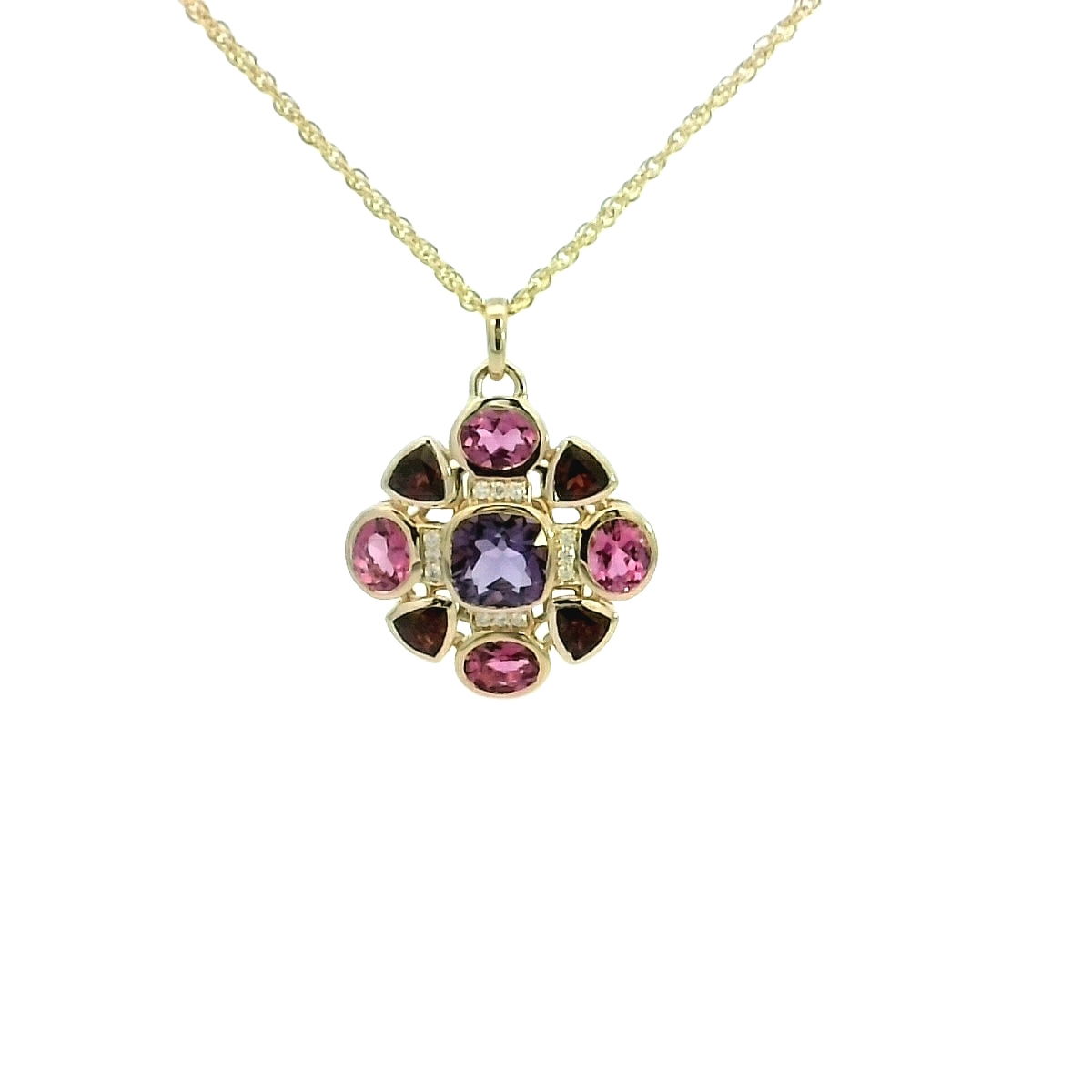 14KYG 2.76CTW AME, GARN, PK TOURM & 12 DIA'S FASHION PENDANT W/ 18" CHAIN