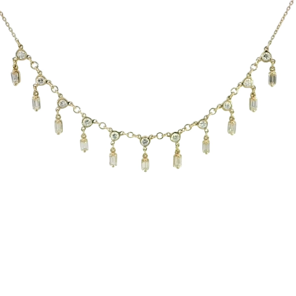 14K YELLOW GOLD FANCY DANGLE NECKLACE W/ 11 ROUND DIAMONDS 0.57TCW & 11 BAGUETTE DIAMONDS 1.05TCW 14K YELLOW GOLD FANCY DANGLE NECKLACE W/ 11 ROUND DIAMONDS 0.57TCW & 11 BAGUETTE DIAMONDS 1.05TCW