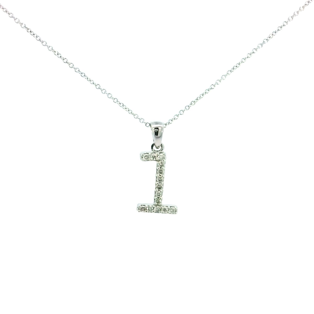 14K WHITE GOLD "1" PENDANT W/ 14 ROUND DIAMONDS 0.17TCW ON 18" CABLE LINK CHAIN