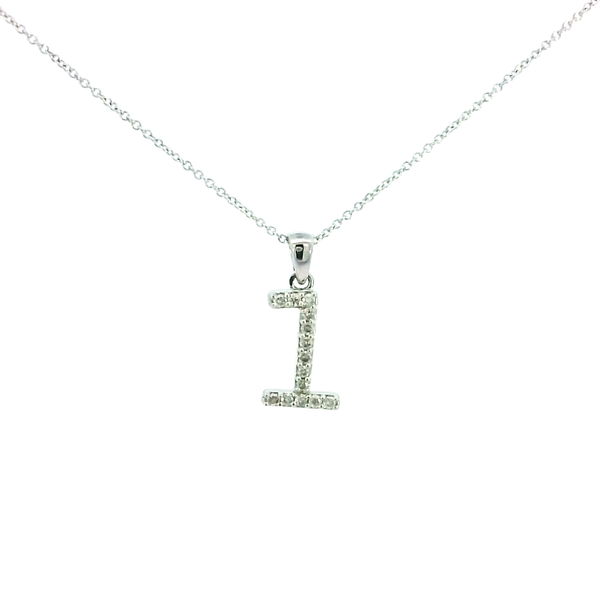 Closeup photo of 14K WHITE GOLD "1" PENDANT W/ 14 ROUND DIAMONDS 0.17TCW ON 18" CABLE LINK CHAIN