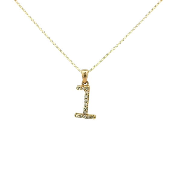 Closeup photo of 14K YELLOW GOLD "1" PENDANT W/ 14 ROUND DIAMONDS 0.17TCW ON 18" CABLE LINK CHAIN