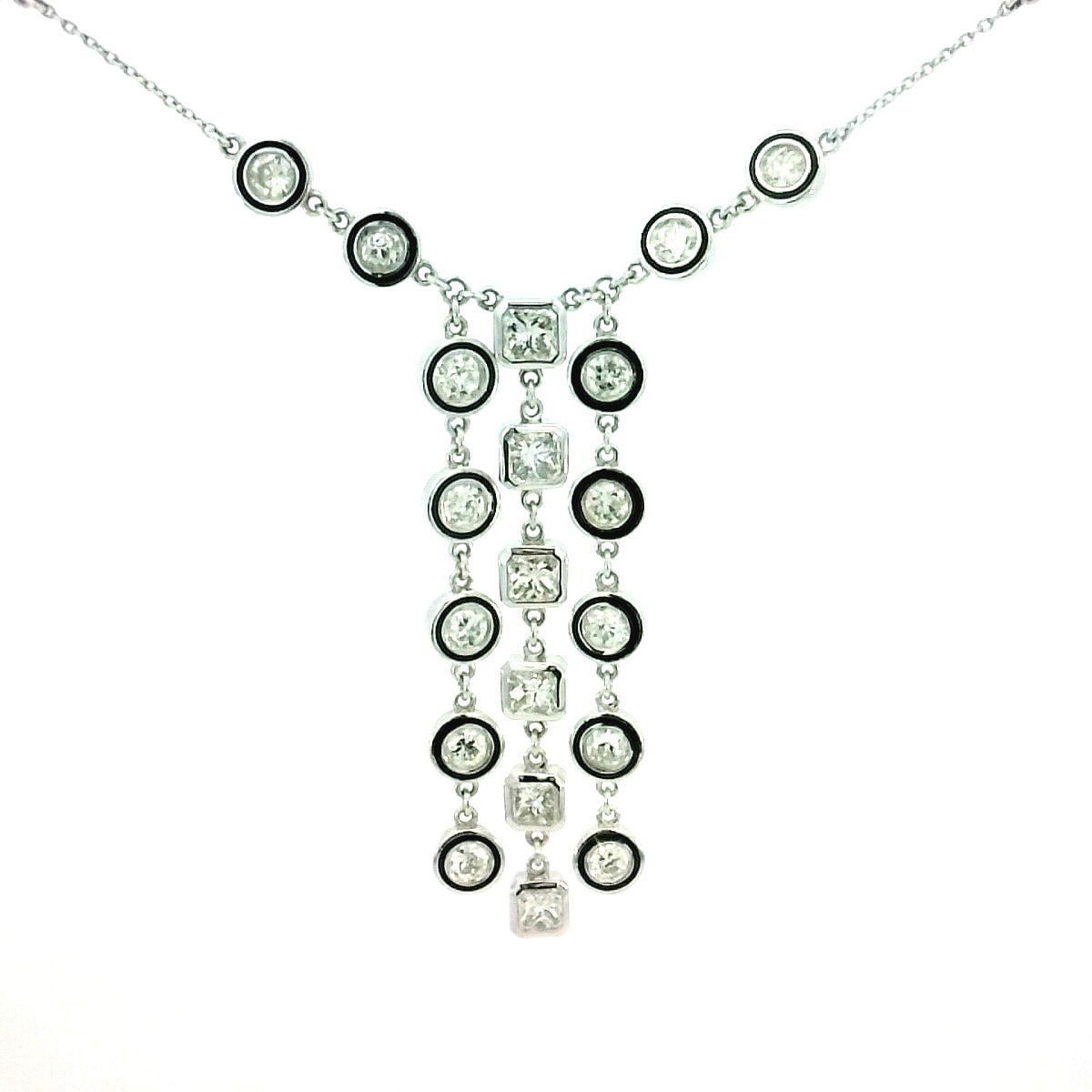 14KWG FANCY DROP STATION W/CERAMIC NECKLACE 18" W/ 28 ROUND DIAMONDS 2.45TCW & 6 RADIANT DIAMONDS 1.53TCW