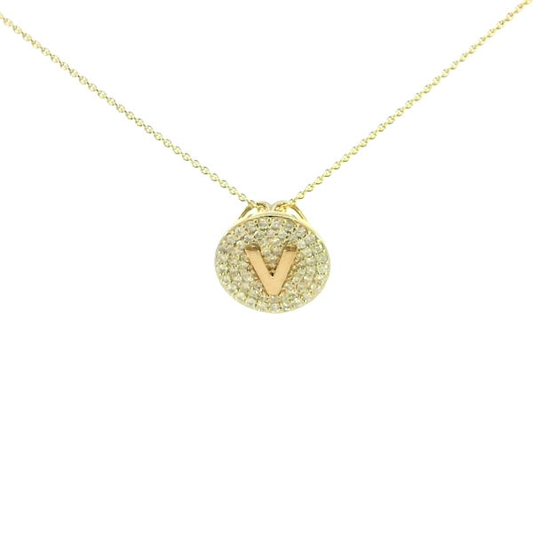 Closeup photo of 14k YELLOW GOLD "V" MEDALLION PENDANT W/ 69 ROUND DIAMONDS 0.68TCW ON 18" CABLE LINK CHAIN