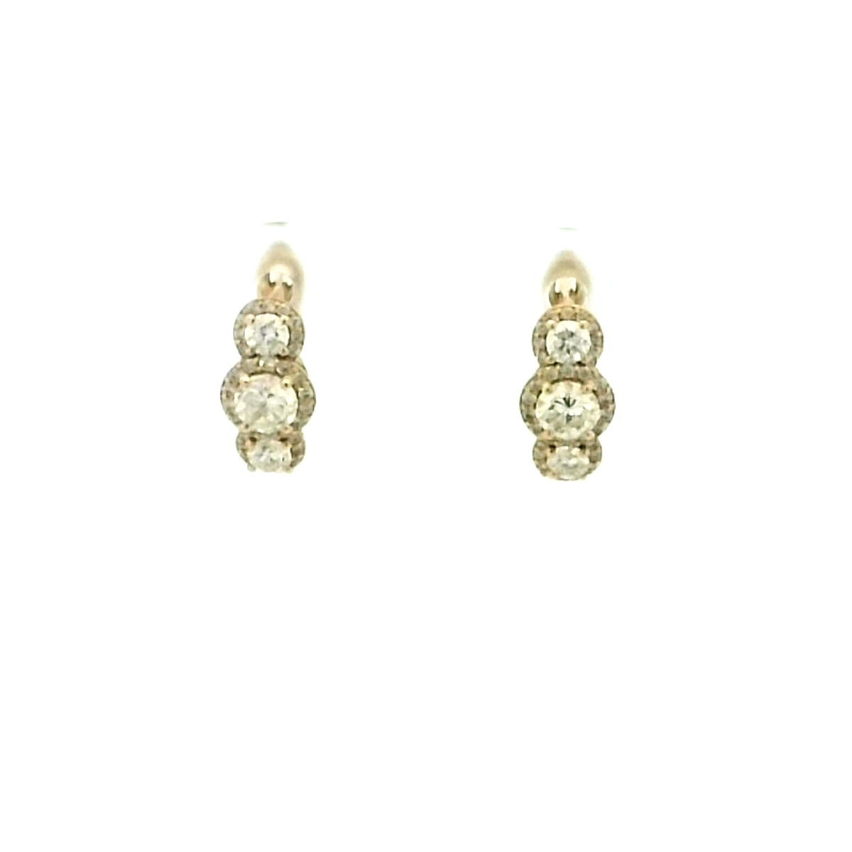 14KYG 3-STONE HALO EARRINGS W/ 2 ROUND DIAMONDS 0.41TCW & 68 ROUND DIAMONDS 0.35TCW 14KYG 3-STONE HALO EARRINGS W/ 2 ROUND DIAMONDS 0.41TCW & 68 ROUND DIAMONDS 0.35TCW