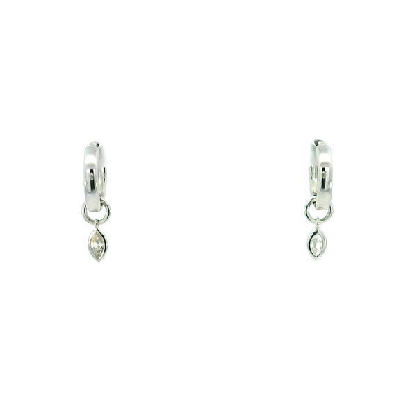 Closeup photo of 14K WHITE GOLD HOOP EARRINGS W/ 2 MARQUISE DIAMOND DANGLE CHARMS 0.30TCW