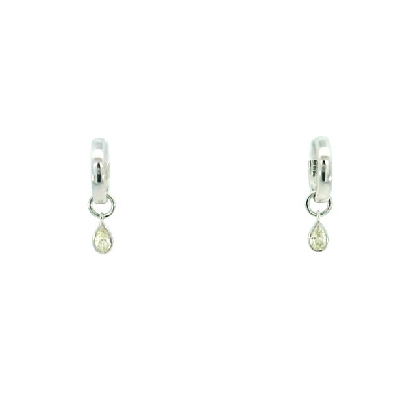 Closeup photo of 14K WHITE GOLD PEAR SHAPE CHARM HOOPS W/ 2 PEAR SHAPE DIAMONDS 0.30TCW