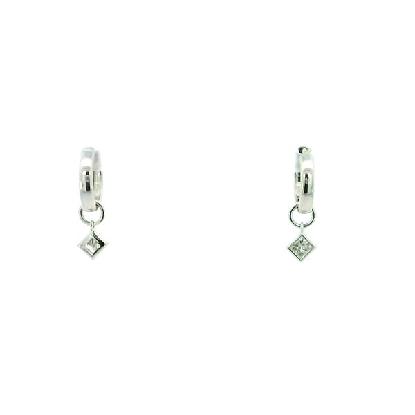 Closeup photo of 14K WHITE GOLD PRINCESS CUT CHARM HOOPS W/ 2 PRINCESS CUT DIAMONDS 0.30TCW