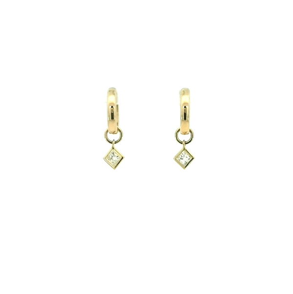 Closeup photo of 14k YELLOW PRINCESS CUT CHARM HOOP EARRINGS W/ 2 PRINCESS CUT DIAMONDS 0.30TCW
