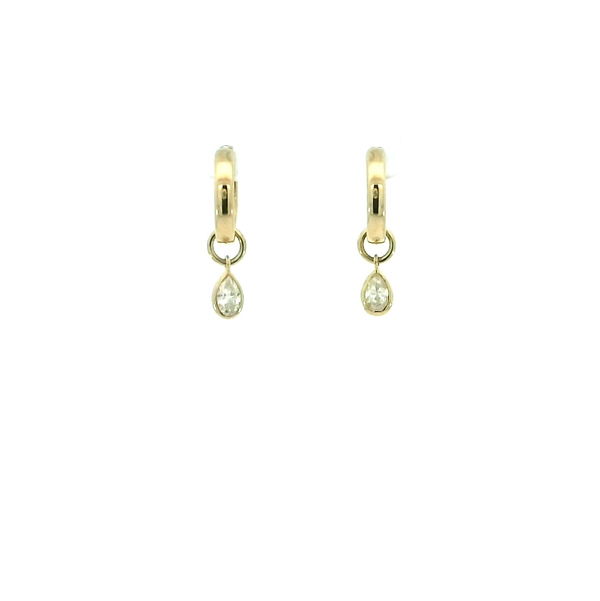 Closeup photo of 14K YELLOW GOLD PEAR SHAPE CHARM HOOPS W/ 2 PEAR SHAPED DIAMONDS 0.28TCW