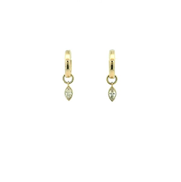 Closeup photo of 14K YELLOW GOLD MARQUISE CHARM HOOP EARRINGS W/ 2 MARQUISE DIAMONDS 0.30TCW