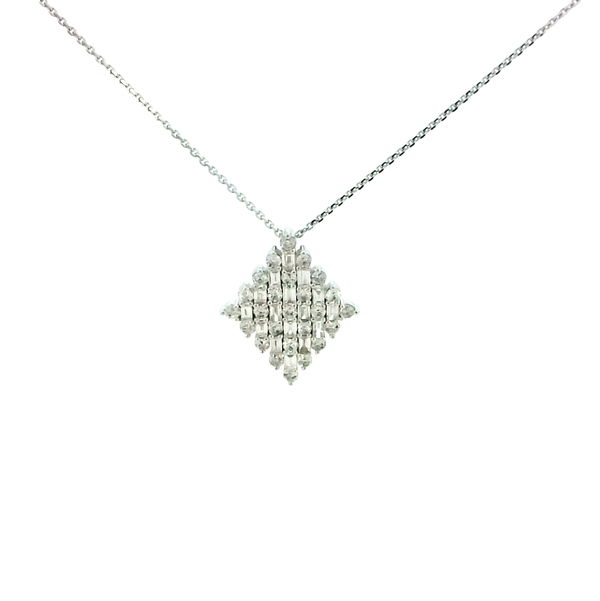 Closeup photo of 14KWG DIAMOND-SHAPE PENDANT W/ 25 ROUND DIAMONDS 0.41TCW & 16 BAGUETTES 0.34TCW ON 18" CABLE LINK CHAIN