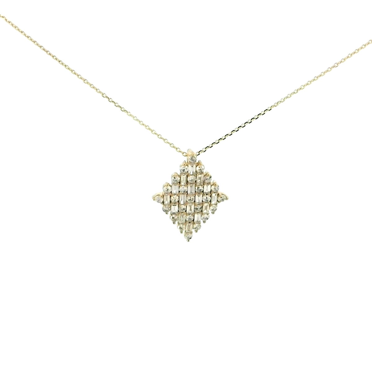 14KYG DIAMOND-SHAPE PENDANT W/ 25 ROUND 0.42TCW & 16 BAGUETTES 0.32TCW ON 18" CABLE LINK CHAIN 14KYG DIAMOND-SHAPE PENDANT W/ 25 ROUND 0.42TCW & 16 BAGUETTES 0.32TCW ON 18" CABLE LINK CHAIN