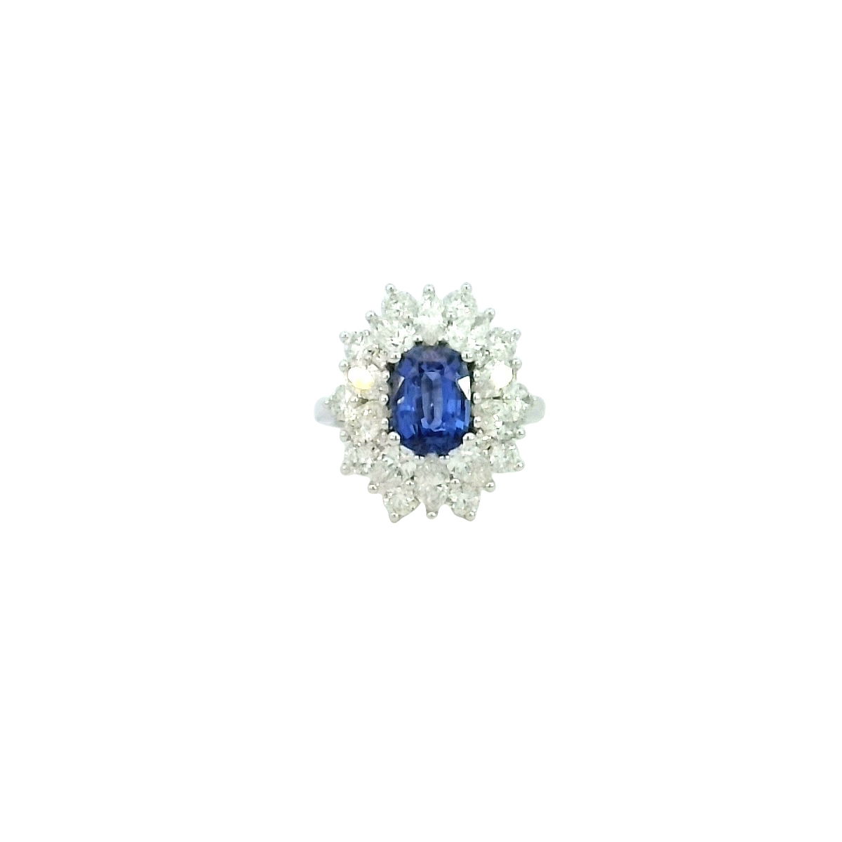 14KWG FASHION RING SIZE 7 W/ 1 OVAL SAPPHIRE 2.43CT & 24 ASSORTED DIAMONDS 2.80TCW