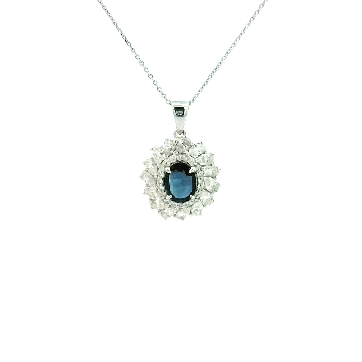 14KWG HALO PDNT W/ 1 BLUE SAPPHIRE 1.17CT, 13 PS DIA'S 1.38TCW, & 20 ROUND DIA'S 0.14TCW ON 18" CABLE LINK CHAIN 14KWG HALO PDNT W/ 1 BLUE SAPPHIRE 1.17CT, 13 PS DIA'S 1.38TCW, & 20 ROUND DIA'S 0.14TCW ON 18" CABLE LINK CHAIN
