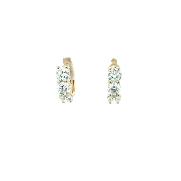 Closeup photo of 14K YELLOW GOLD 3-STONE HOOP EARRINGS W/ 6 ROUND LAB GROWN DIAMONDS 2.58TCW