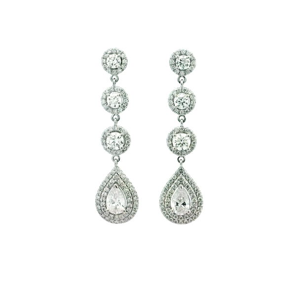 Closeup photo of 14KWG FASHION DANGLE EARRINGS W/ 2 PEAR SHAPE LG DIA'S 1.32TCW & 182 ROUND LG DIAMONDS 2.69TCW