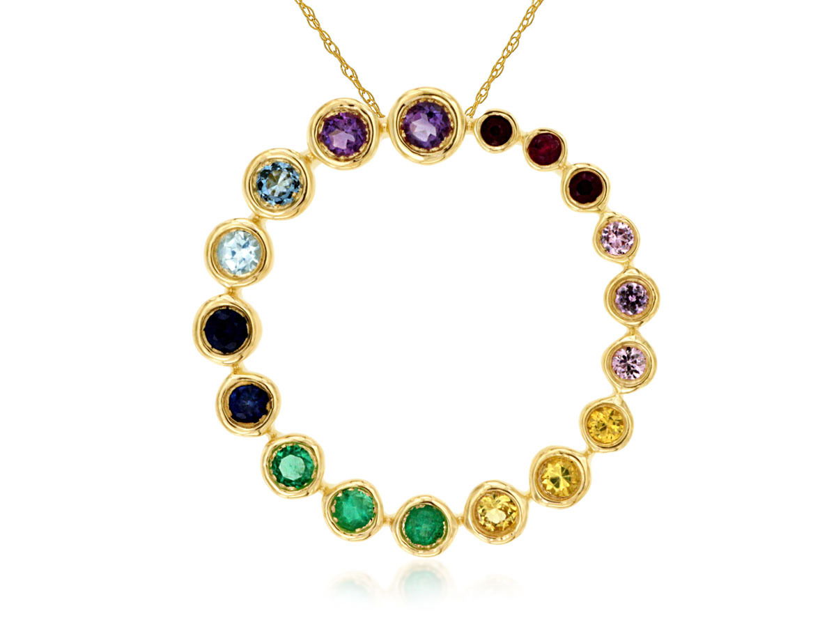 14KYG 18 MULTI-COLOR SAPPHIRE 0.48CTW CIRCLE PENDANT W/ CHAIN