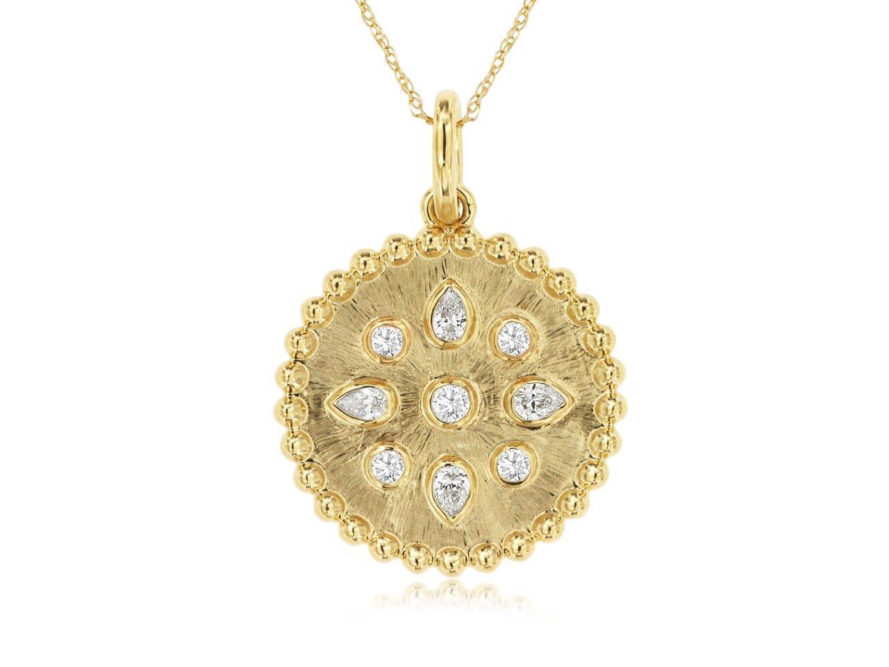 14KYG 4 PS DIA'S 5 RD DIA'S 0.35CTW BEZEL SET BEADED FRAMED CIRCLE FASHION PEND W/ CHAIN- 18"