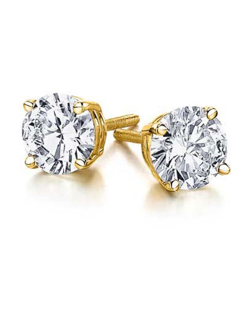 14KYG 2.00CT J/VS2 ROUND BRILLIANT DIAMOND STUD EARRINGS W/THREADED POSTS & BACKS