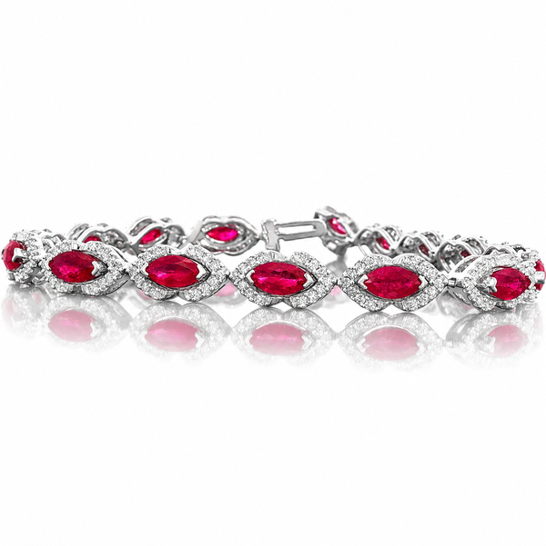 14KWG 14 MQ RUBIES 5.02CT & 224 BR DIAMONDS 0.90CT HALO TENNIS BRACELET
