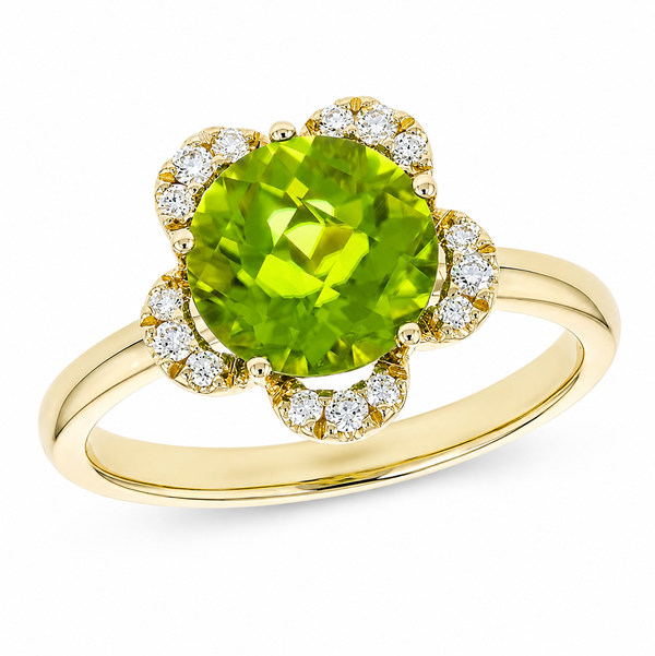 14KYG 2.16CT ROUND PERIDOT & 15 ROUND DIAMONDS 0.12CT "FLOWER INSPIRED" HALO RING