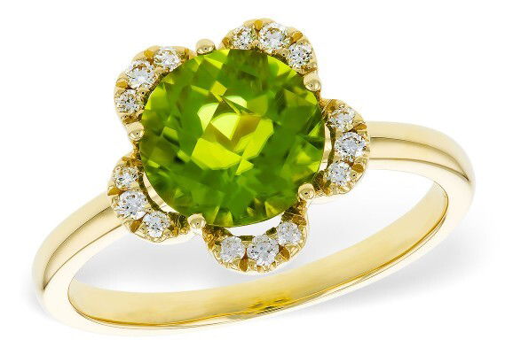 14KYG 2.16CT ROUND PERIDOT & 15 ROUND DIAMONDS 0.12CT "FLOWER INSPIRED" HALO RING