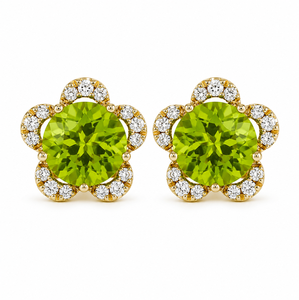 14KYG 2.93CTW PERIDOT & 30 ROUND DIAMONDS 0.17CT "FLOWER INSPIRED" HALO STUD EARRINGS