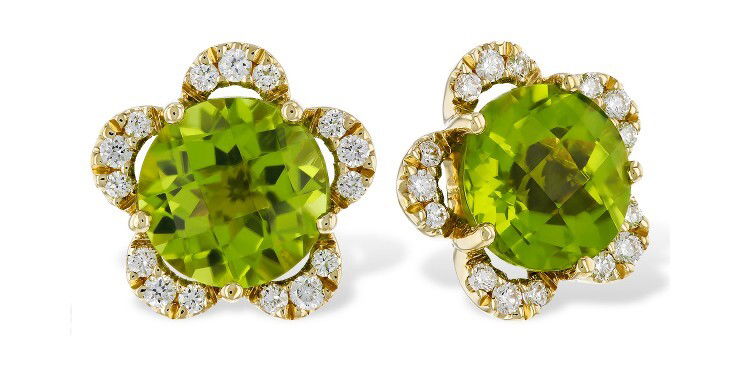 14KYG 2.93CTW PERIDOT & 30 ROUND DIAMONDS 0.17CT "FLOWER INSPIRED" HALO STUD EARRINGS